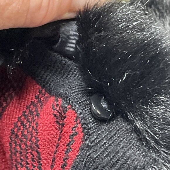 Anne Klein Sweater Jacket M Red Plaid Black Faux Fur Collar Full Zip Cardigan - Picture 10 of 13